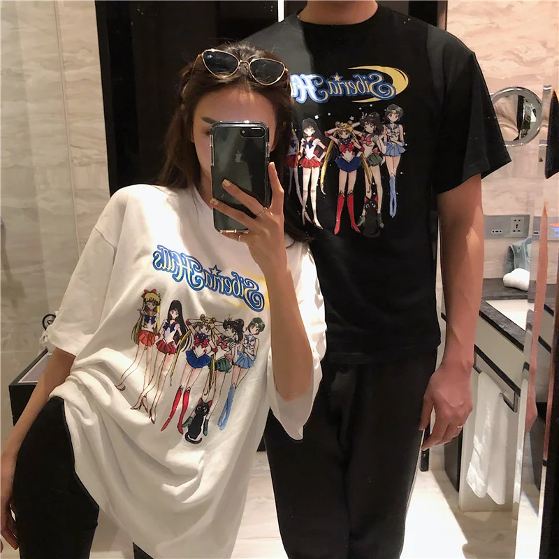 Woherb 100% хлопковая футболка женская летняя свободная для девочек Harajuku Kawaii Сейлор