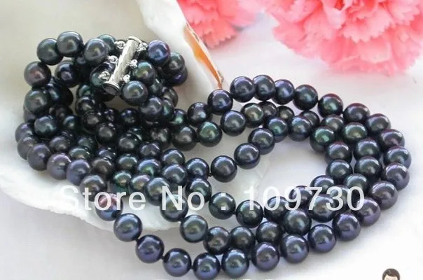 

Jewelry 001689 AA+ 3row 9mm black round freshwater pearl necklace