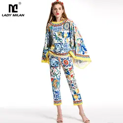Новое поступление 2019 Женская О образным вырезом с цветочным принтом свободные дизайн накидка блузка до середины икры брюки для девочек мод