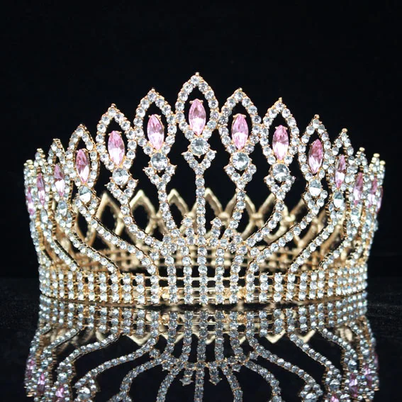Роскошный сверкающий кристалл барокко Королева Король свадебная тиара Корона театрализованный диадема на выпускной вечер головной убор Свадебные украшения для волос аксессуары - Окраска металла: Gold pink