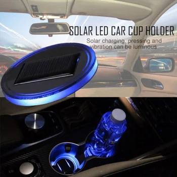 

Do Promotion! Newest 2 Pcs Solar Car Cup Holder With LED Light Bottom Mat Pad Cover Lamp Bottle Drinks Coaster