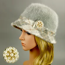 New Arrival Women Breret Hat Autumn Winter Rabbit Fur Thickening Knitting Fedora Hat High Quality Elegent Pearl Clasp Beret Hat