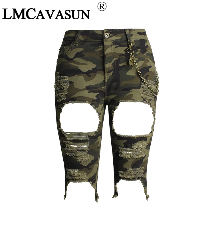 LMCAVASUN Camo рваные Бермуды шорты для женщин женщина середины талии эластичный проблемных деним Камуфляж по колено для