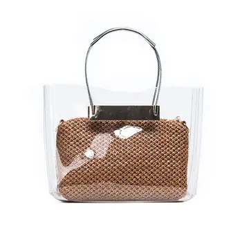 

Summer Handbags Transparent PVC & Weaving 2 in 1 Composite Bags Weaving Beach Travel Bag Jelly Shoulder Bag