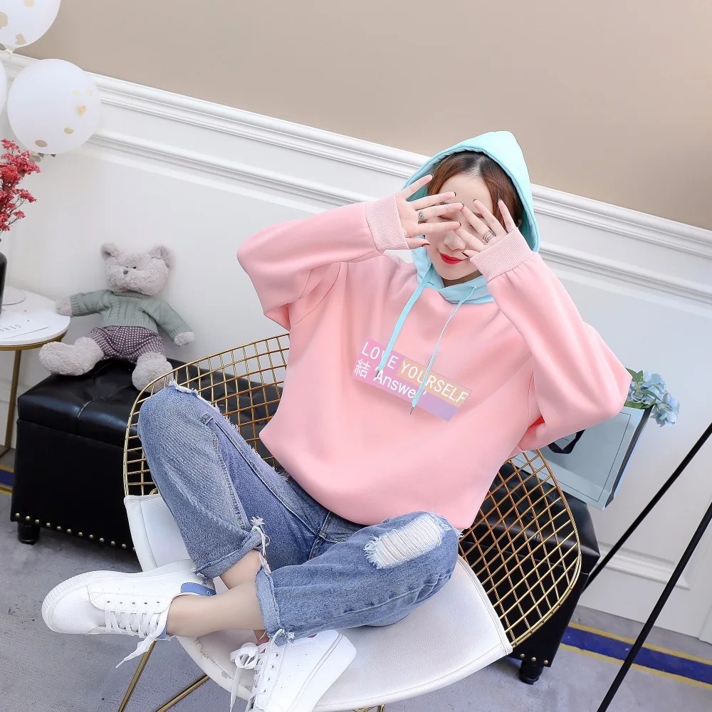 

Women Hoodies Autumn Kpop Style Outwear Color Block Pastel Loose Hooded Sweatshirts Casual Sweet Girl's Clothing Fahion Pullover