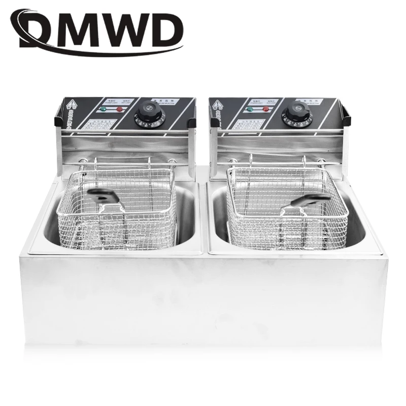 DMWD Commercial Double Oil Cylinder Electric Deep Fryer French Fries Frying Machine Oven Hot Pot Fried Chicken Grill EU US Plug