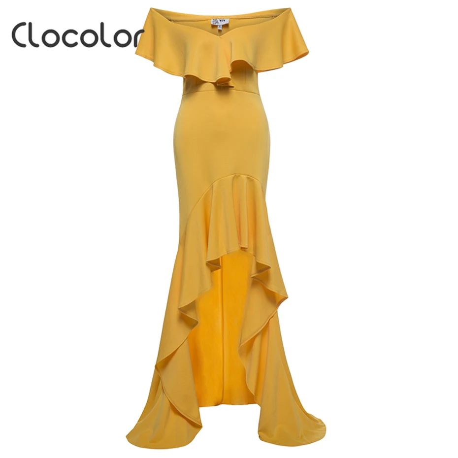 Clocolor Dress Women Party Elegant Plus Size Ruffles Sexy Slash Neck Backless Wedding Evening Floor Length Asymmetrical Dress