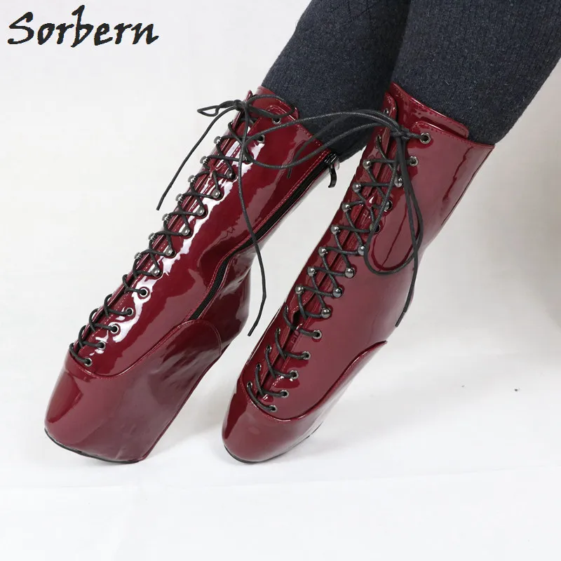 Zipper side Fetiche Custom Sorbern Botas Vino Alta Retro Rojo Ballet Zipper Novatos Sm Colors Charol no Becerro Tacón Sin De Zapatos Cuña Corto wxx4qRTH