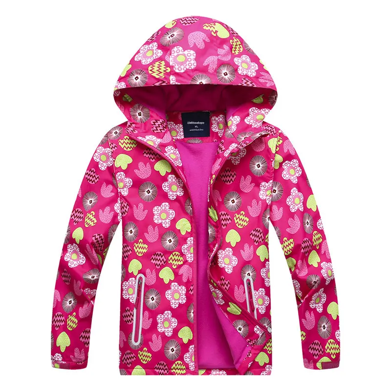 Новая модная куртка для девочек, теплое пальто с цветочным принтом для подростков, детские куртки, флисовые ветровки, водонепроницаемая Корейская одежда - Цвет: Flower Rose Red