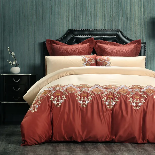 Khaki luxury crown Embroidery 100 Cotton Bedding Set Queen King Size