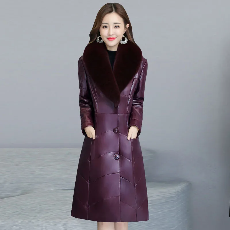 New Fashion Autumn Winter Women Leather Jacket Slim Parka Overcoat Female Faux Fur Collar Plus Size Long Fur Coats A1362