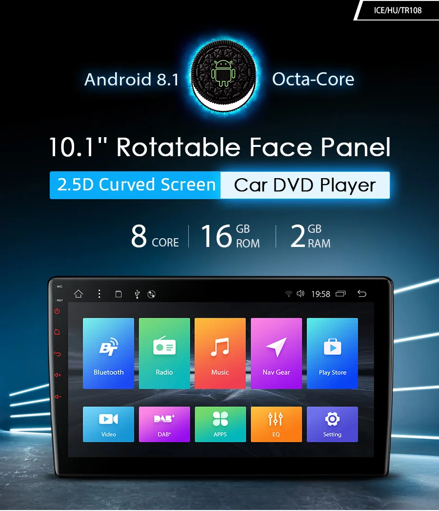 Perfect Android 8.1 Universal 2 Din 10.1" Car Radio Rotatable Face Panel 2.5D Curved Screen Auto Stereo DVD Player GPS OBD2 WiFi FM DAB 0