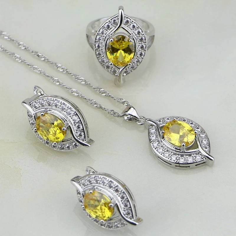 

Eye 925 Sterling Silver Jewelry Yellow Cubic Zirconia White CZ Jewelry Sets For Women Wedding Earring/Pendant/Necklace/Ring