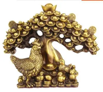 

3SHUN China Fengshui Brass Wealth Yuanbao Money Coin Tree Animal Chicken Chicks Statue