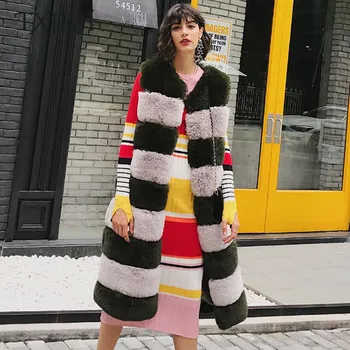 

TXJRH Fashion Vest Long Hairy Shaggy Faux Fur Striepd Contrast Color Mid Long Jacket Woman Sleeveless Winter Warm Outerwear Tops