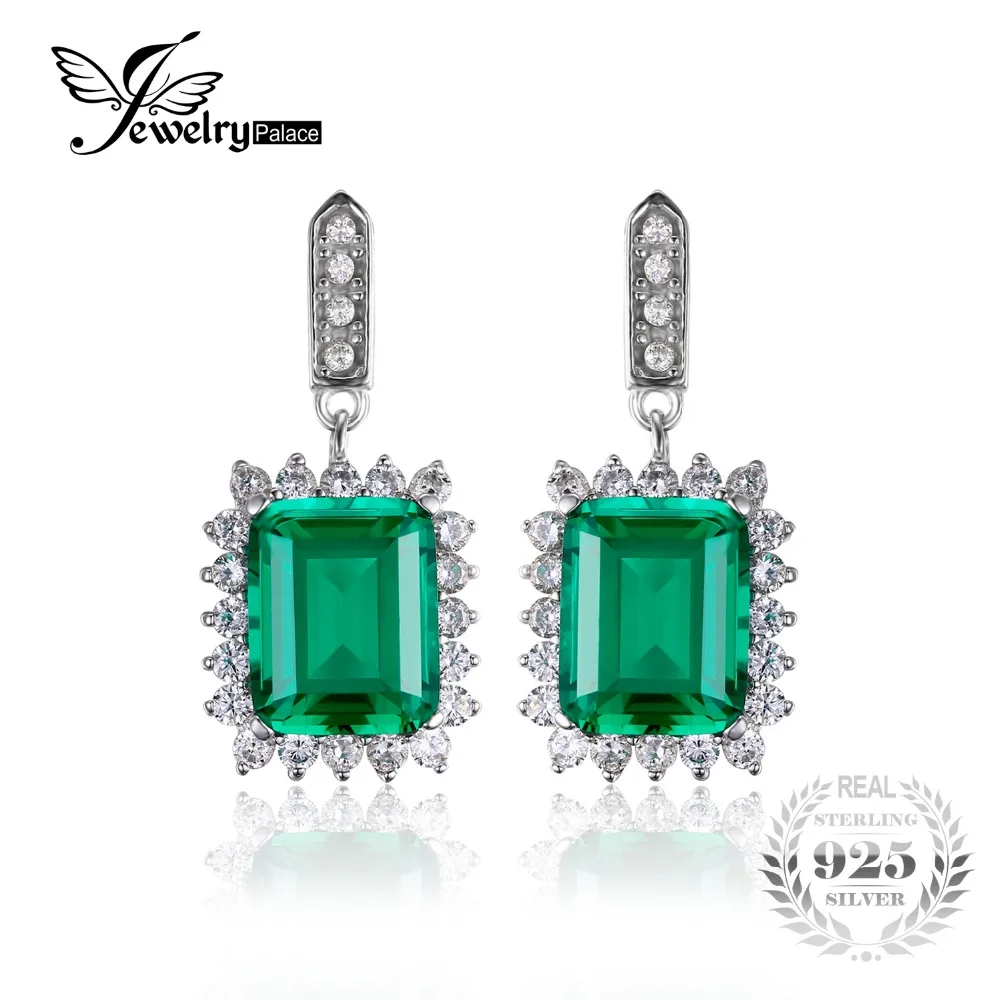 JewelryPalace Luxury 10.8ct Nano Russia Created Emerald Dangle Earrings Solid 925 Sterling Silver Jewelry For Women Earrings