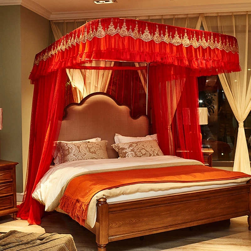 

2018 Red Wedding U type Palace style Guide rail mosquito net three open door telescopic electric mosquito net 1.8m 1.5m 2m bed