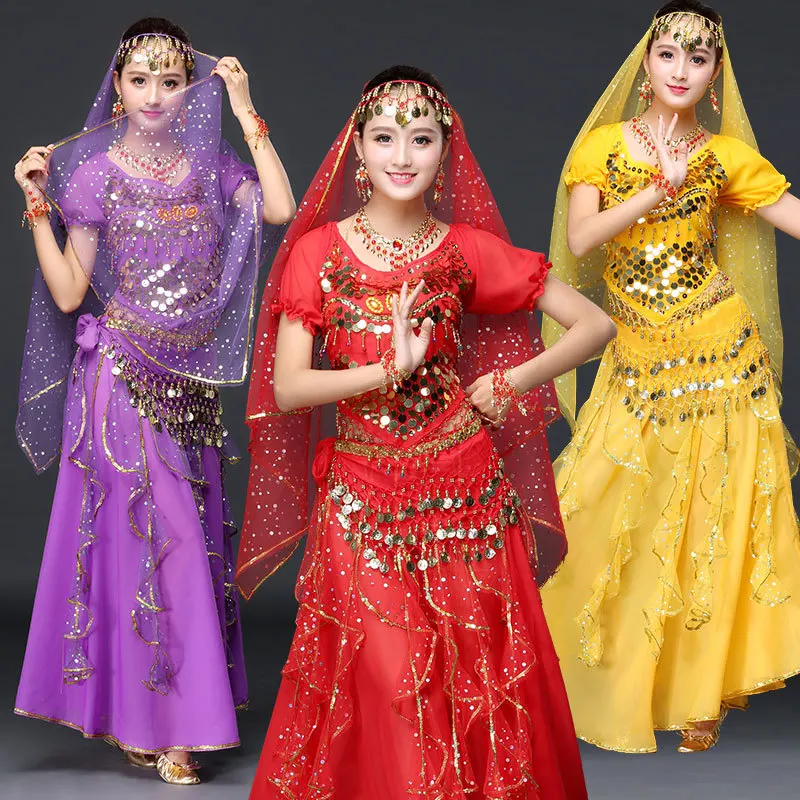 Женская танцевальная одежда сари набор костюма для танца живота Индийские танцы Болливуд костюм(набор включает топ, пояс, юбку и вуаль