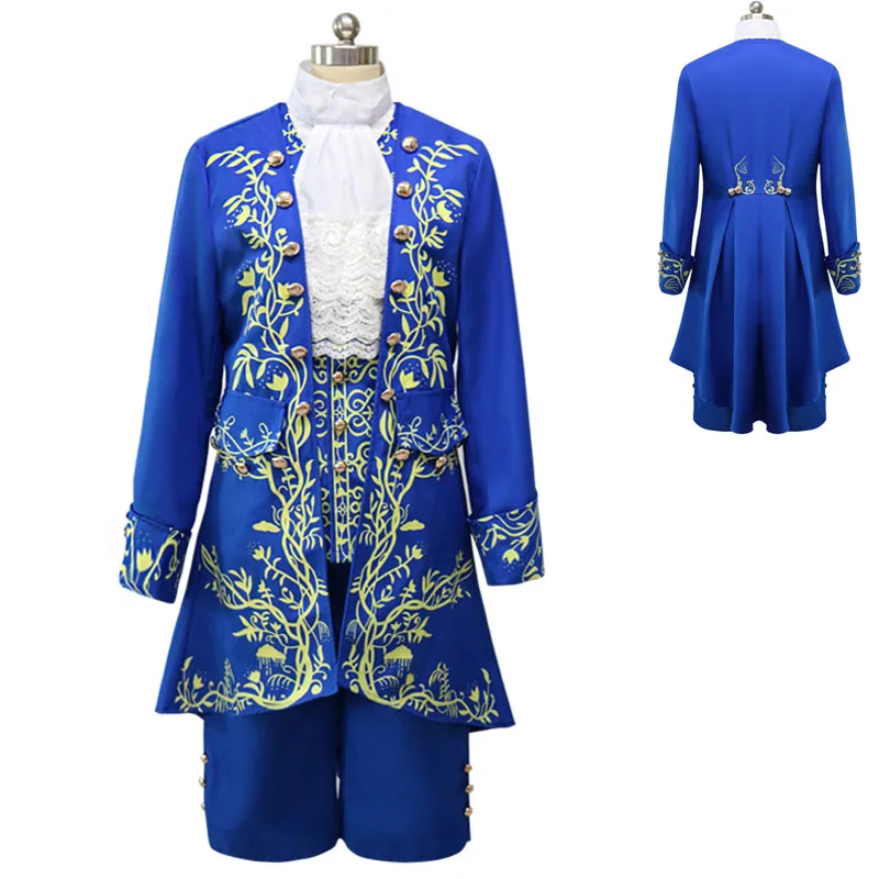 Adult Halloween Beast Prince Costume Luxury Blue Tailcoat Uniform Movie