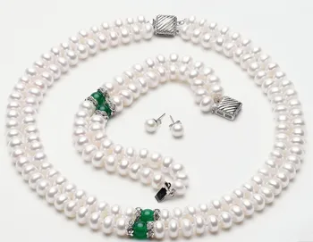 

2 ROWS 7-8mm Size Freshwater Pearl Jewelry Set for Charm Bride Lady Women's Jewellery