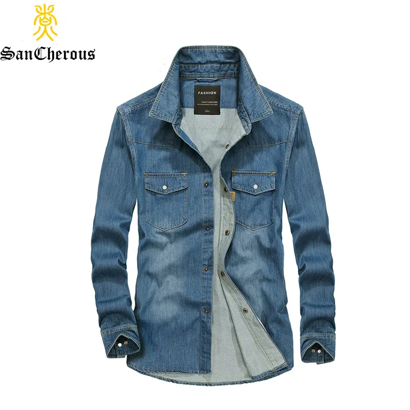 

High Quality Spring Autumn Cotton Man Casual Jeans Shirt Turn-down Collar Denim Shirts