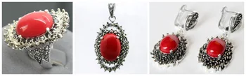 

Fashion Red Carved Lacquer Marcasite 925 Sterling floeer Ring(#7-10) Earrings & Pandent jewelry sets