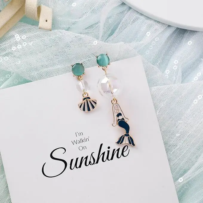 

Big Small Glass Ball Mermaid Personality Asymmetric Drop Earrings For Women Acrylic Long Dangle Earings Korea Ear Accessories