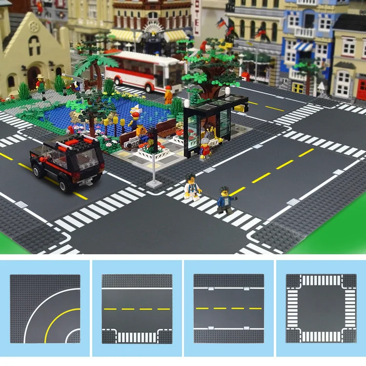 

City Road Street Base Plate Straight Crossroad Curve DIY Creator Building Blocks Sets Kit Bricks Baseplate Educational Kids Toys