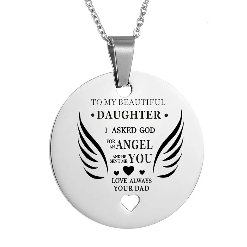 AMORUI To My Beautiful Daughter Heart Pendant Necklace Dad's Angel Wing Love Charm Choker Chain Necklaces for Baby Girls Jewelry