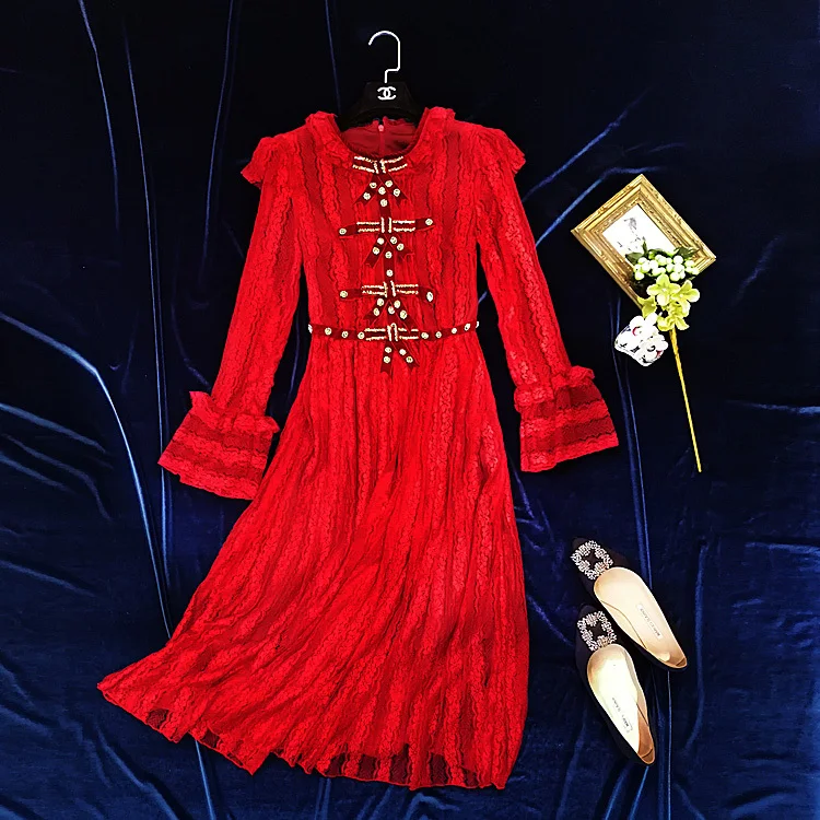 Элегантный Для женщин красные, черные кружевные платья 2018 Лето с длинным рукавом Алмазный бисера оборками платья женские пикантные