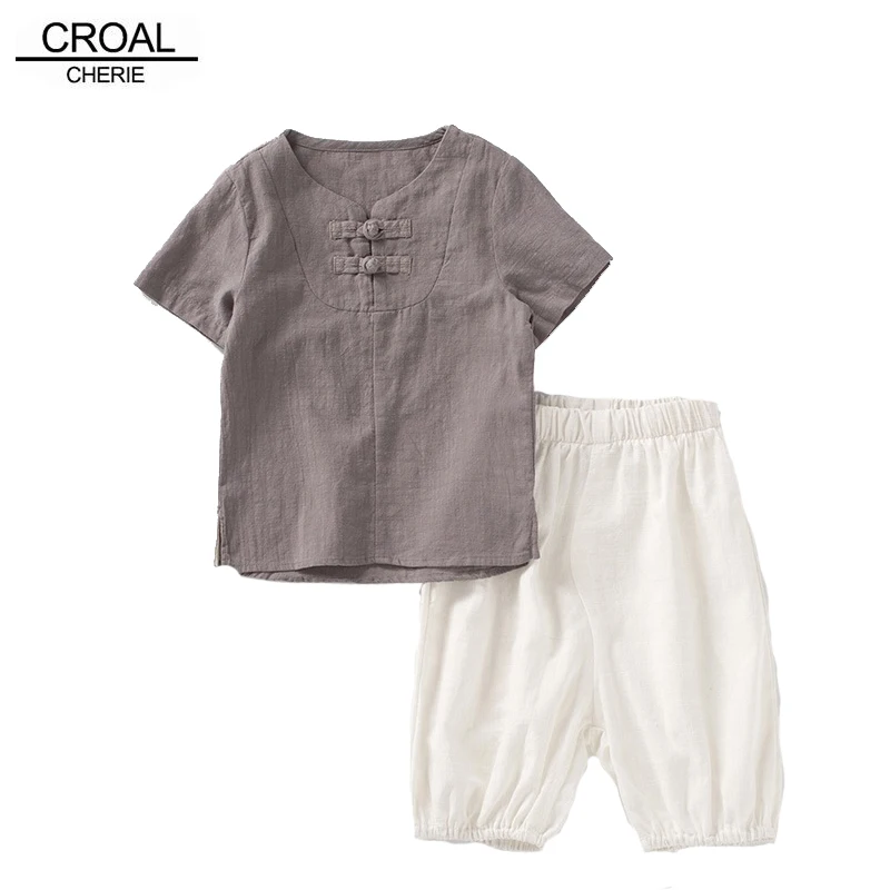 CROAL CHERIE/Хлопковые льняные летние комплекты одежды для мальчиков детская одежда модная рубашка для мальчиков Топ+ шорты, костюмы детская одежда