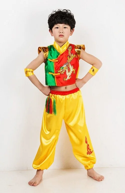 (0123) Children Chinese folk dance clothing boys and gilrs Kung Fu Show New National Dance Dragon drum folk style clothing