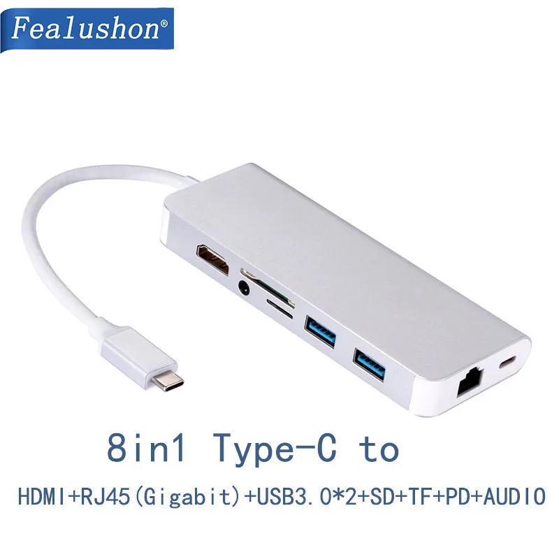 

USB C Laptop Docking Station USB 3.0 HDMI 3.5mm Audio RJ45 Gigabit PD SD TF USB Hub Fealushon For Macbook Dell Hp Samsung s8/s9