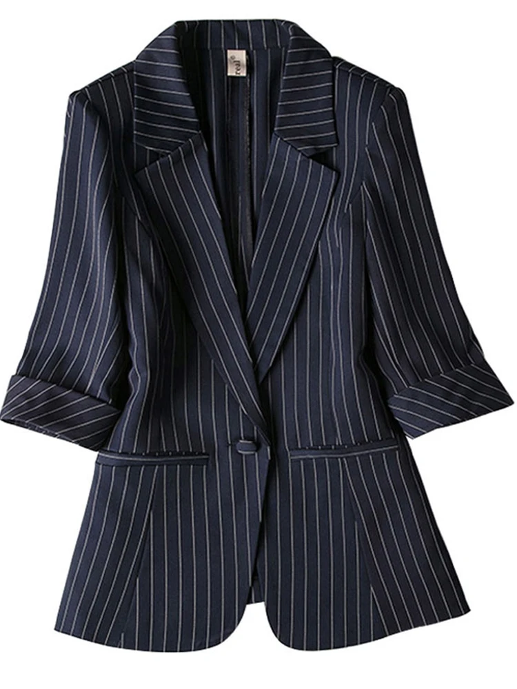 

Plus Size 5XL 6XL 7XL Women Blazer 2019 Summer New Striped Blaser Pockets Single Breasted Notched Three Quarter Business Suits