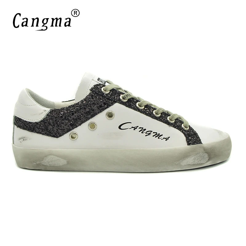 Vintage CANGMA/белые кроссовки; женская повседневная обувь; Лидер продаж; Черная блестящая обувь из натуральной кожи на плоской подошве; женская обувь - Цвет: Vintage