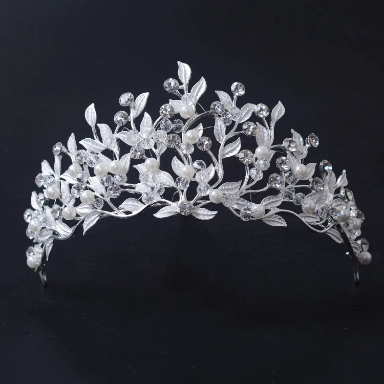 

Luxury Baroque Silver Crystal Leaf Pearls Bridal Tiaras Crown Wedding Hair Accessories Rhinestone Pageant Crowns Bride Headpiece