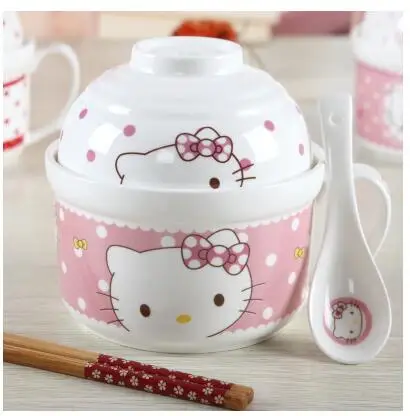 

Cartoon Ceramic china Hello Kitty Doraemon Lady Women 2 In 1 Fast Noodles Rice Bowl With Ceramic Spoon Chopstick