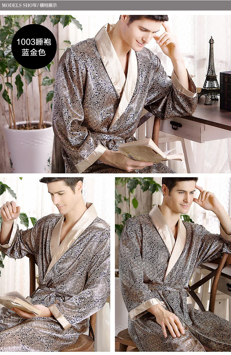 Male New Real Mens Luxury Bathrobe Geometric Robes V-Neck Lmitation Silk Knitted Sleepwear Full Sleeve Nightwear XXXL 5 Colors