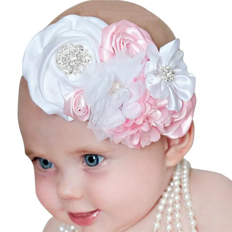 White/Pink Rose Flower Headband With Crystal/Rhinestone Beads For Baby