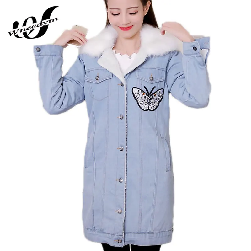 WNEEDYM Light Blue Casual Winter Denim Jacket Women Butterfly