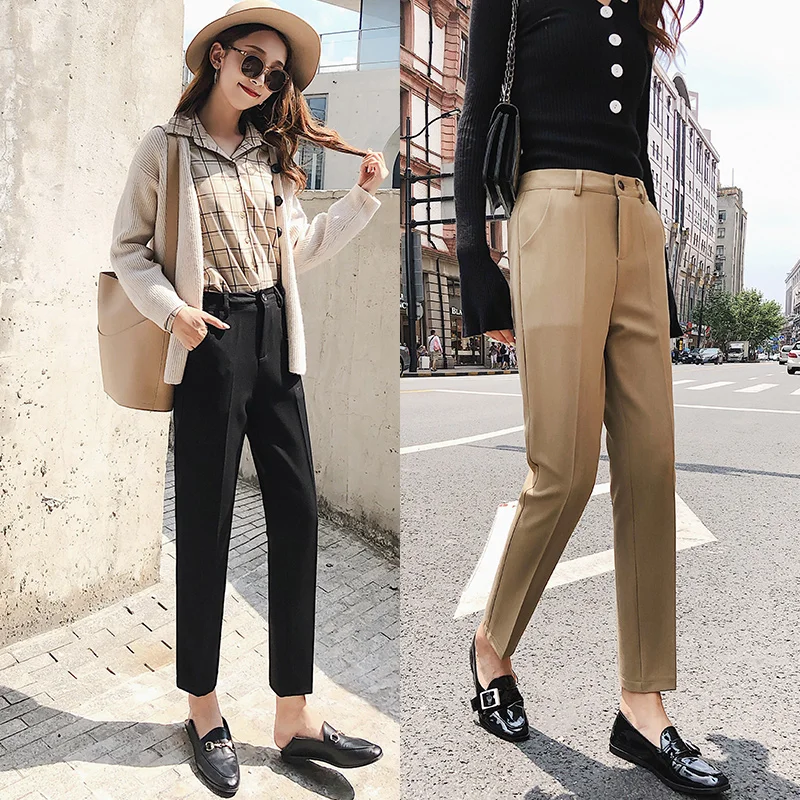 

2019 new spring summer female Korean style loose ankle-length straight slacks tall waist trousers office lady pants