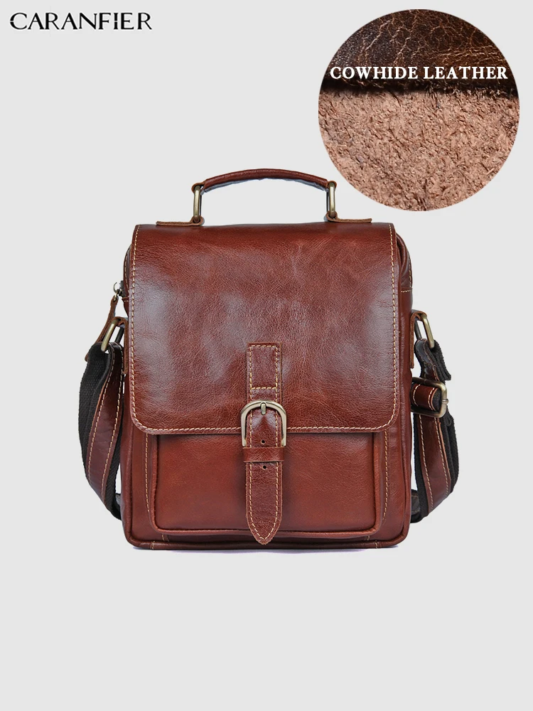 

CARANFIER Mens Shoulder Bags First Layer Cowhide Leather Handbag Travel Bags Vintage Solid Color Multi-Function Messenger Bags