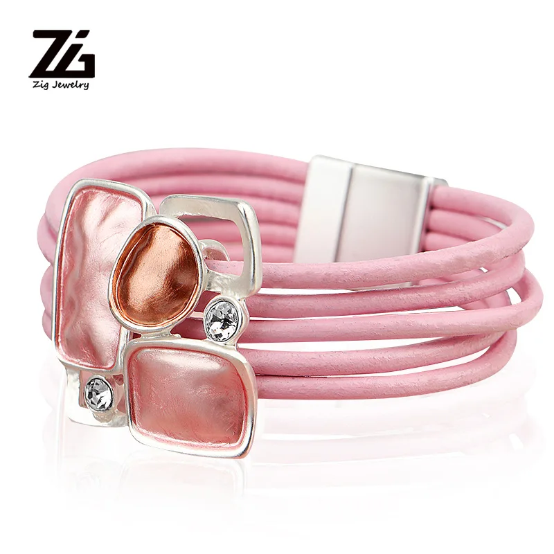 ZG Новое поступление Магнитная застежка кожаные женские ювелирные изделия с цветными металлическими подвесками в 3 цветах - Окраска металла: Pink