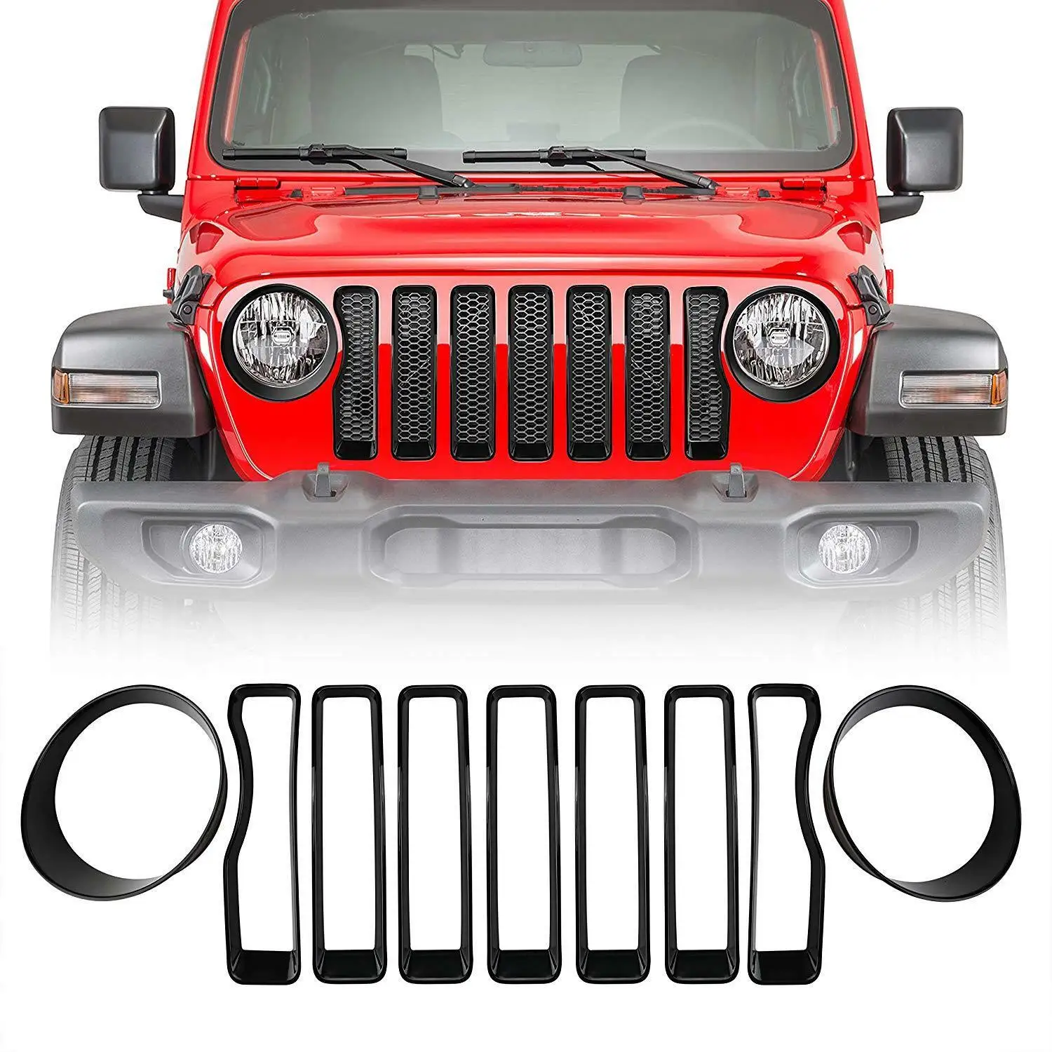 

NEW 9PCS Front Grill Inserts + Headlamp Verlays Kit For 2018 Jeep Wrangler JL Rubicon Accessorie
