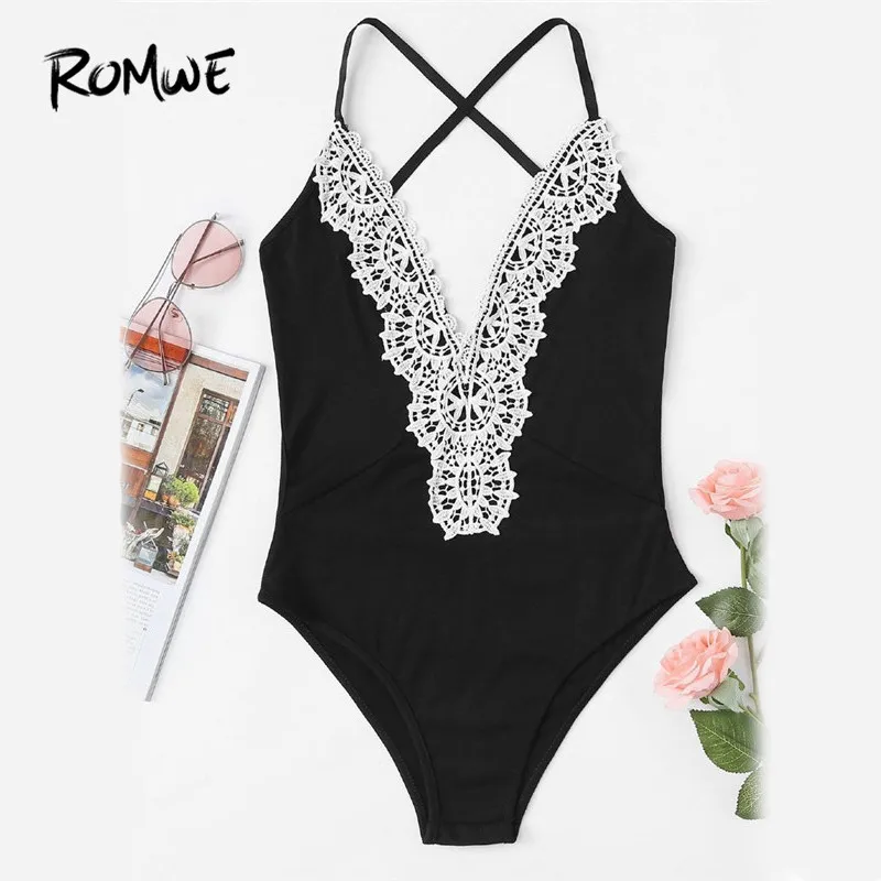 Buy ROMWE Contrast Crochet Lace Cross Back Bodysuit