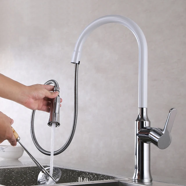 Special Offers Pull Out  Kitchen Faucet  Vintage White Chrome Hot and Cold Water Mixer Sink Tap with Single Handle, Brass