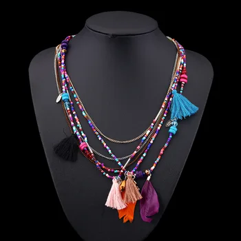 

Collier boheme/feather necklace/ethnic jewelry/kpop handmade vintage beaded tassel exaggerated maxi women accessories/wholesale