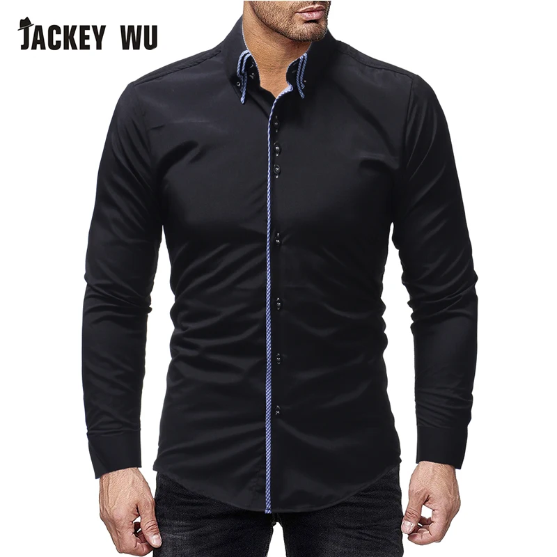 

JACKEYWU Casual Shirts Men 2019 Brand Fashion Double Collar Long Sleeve Shirts Slim Fit Men Dress Shirt Plus Size Men's Clothing