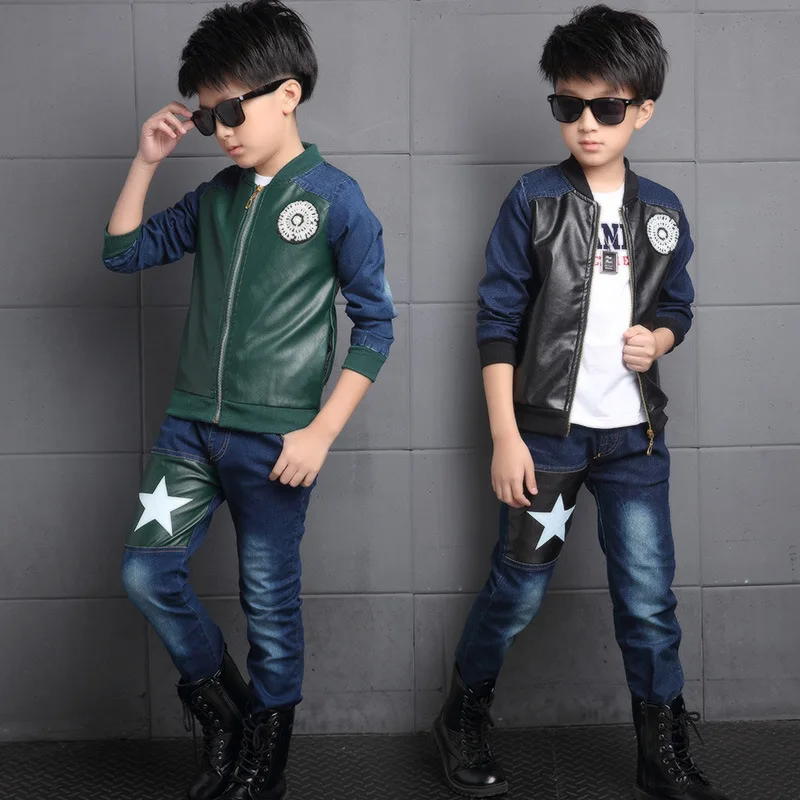 Big Boys Fashion Suits Denim Patchwork PU Jeans Clothing Sets For Boys Tracksuits Outfits
