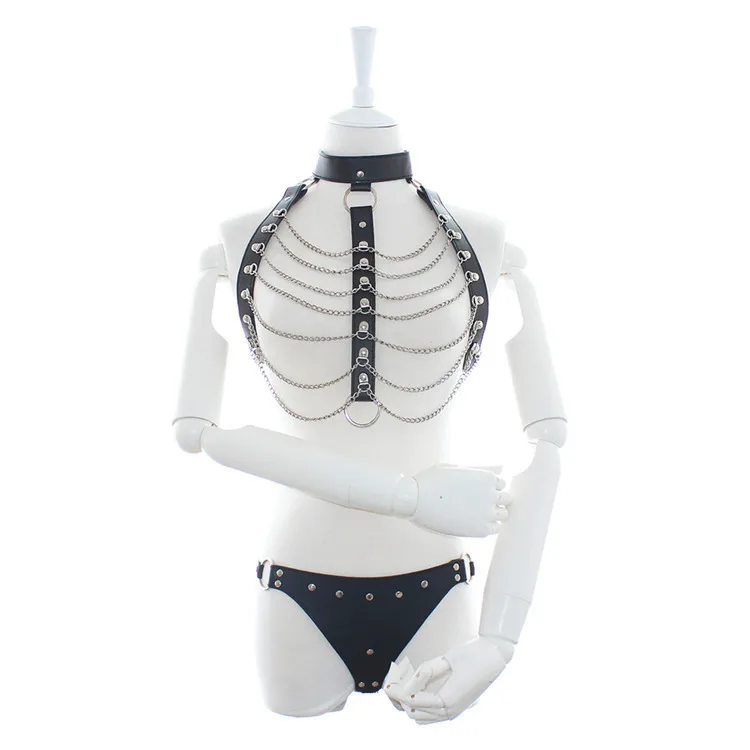 

Sexy Women Lingerie PU Leather Bondage Metal Rivets Exotic Accessories Belts Fetish Harness Chain Bra Panties Underwear Set